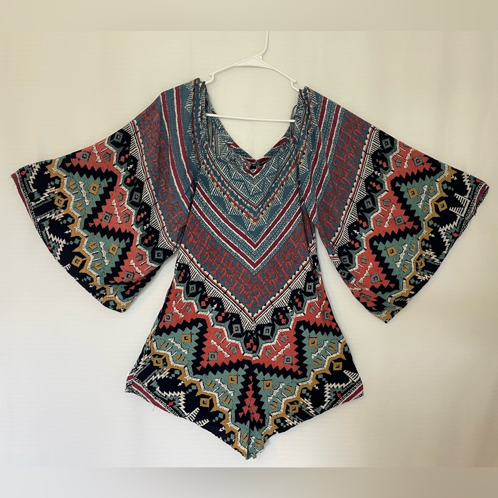 Angie Women’s Boho Tribal Print Romper: Medium Bell Sleeve